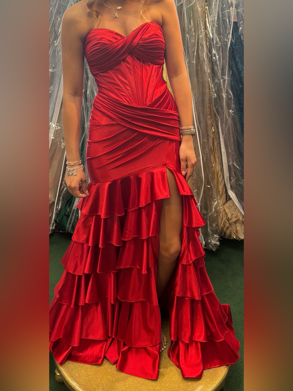 Sherri Hill Red Strapless Ruffled Satin Prom Gown